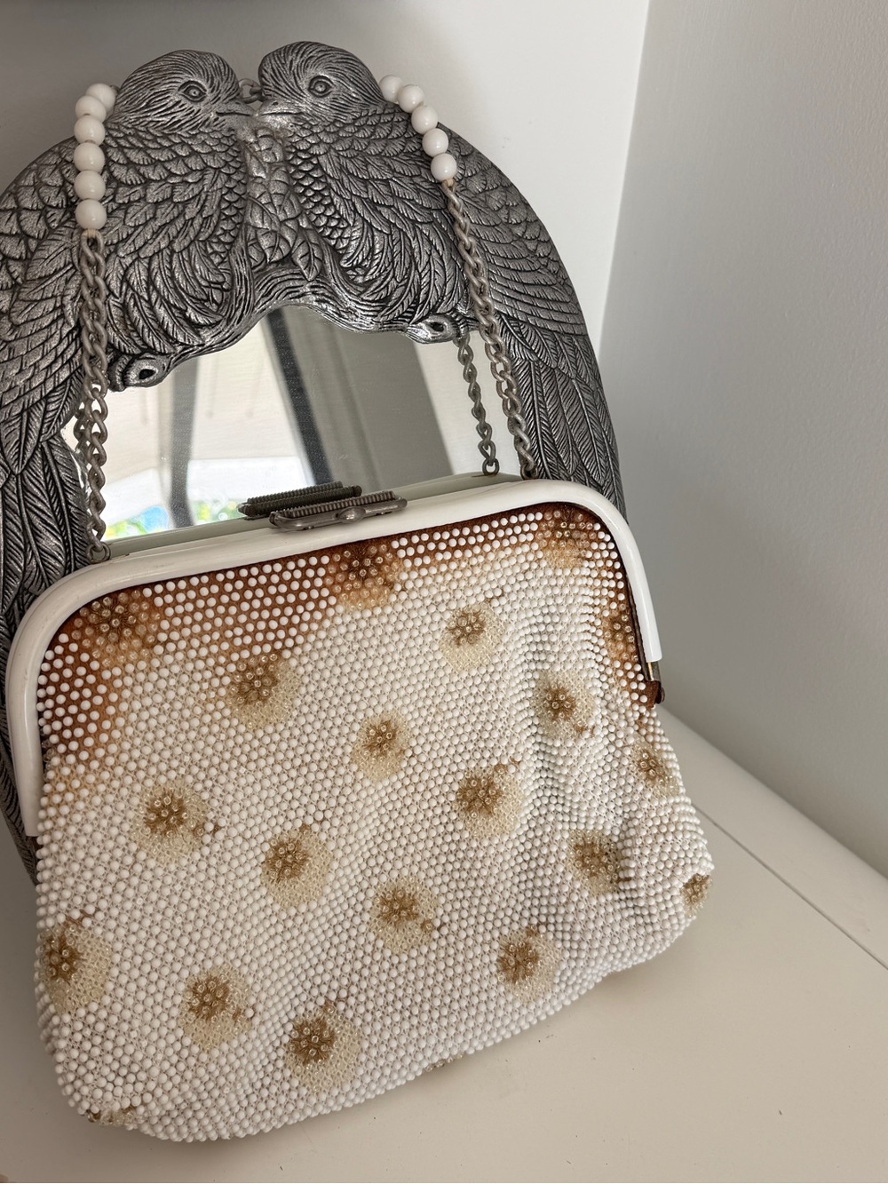 1950’s Vintage Lumured Corde'-Bead Ivory Beaded Handbag Purse Evening Bag